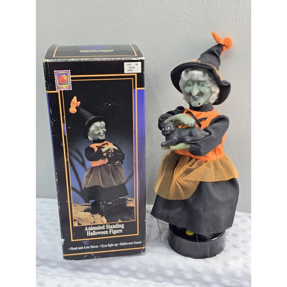 Gemmy 1996 Animated Talking Witch Petting Black Cat Halloween Factory Box Works